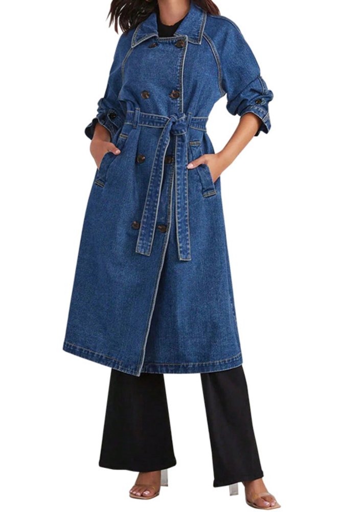 Loose Long Denim Cardigan Windbreaker With Buckle For Autumn And Winter Casual Wear
