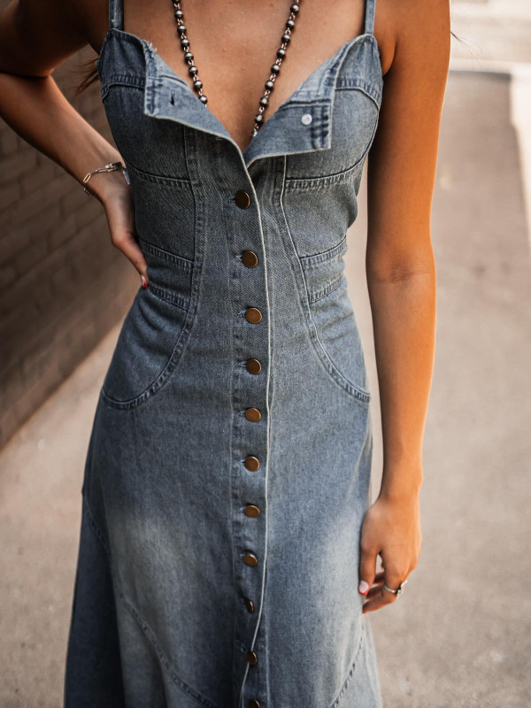 Sleeveless Single Breasted Denim Strappy Maxi Dress For Summer Daily Casual Wear