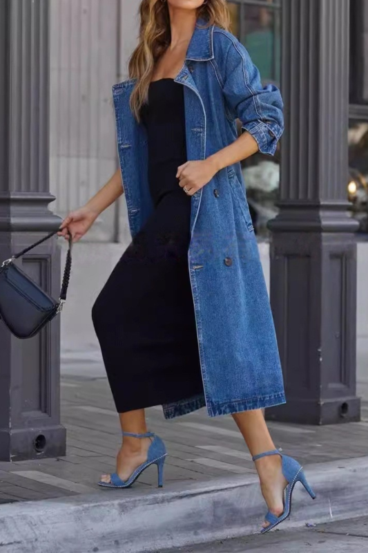 Loose Long Denim Cardigan Windbreaker With Buckle For Autumn And Winter Casual Wear
