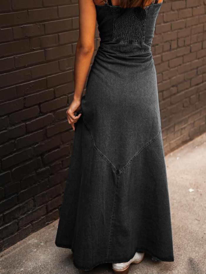 Sleeveless Single Breasted Denim Strappy Maxi Dress For Summer Daily Casual Wear