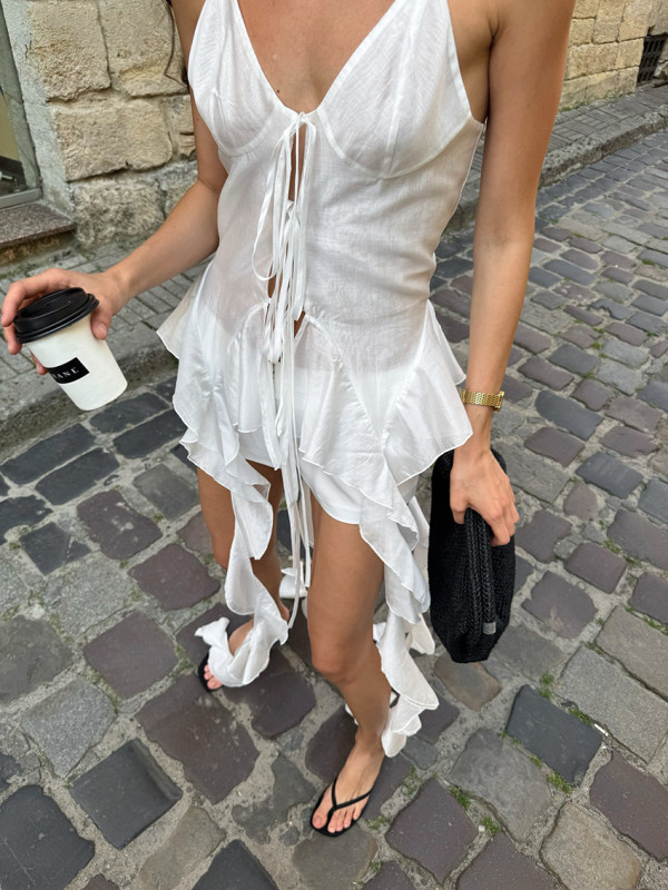 V-neck Irregular Ruffle Backless Lace Up Tank Top For Summer