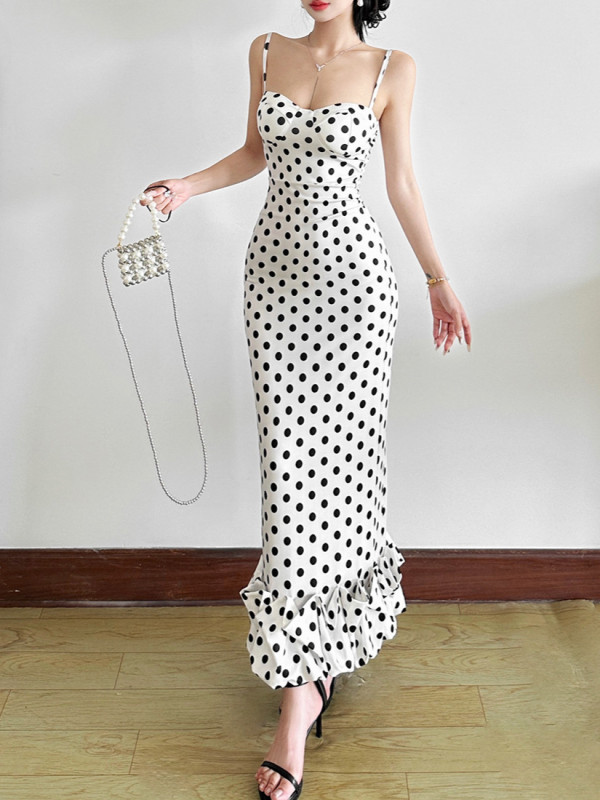 White And Black Polka Dot Sleeveless High Waist A-Line Maxi Dress For Holiday