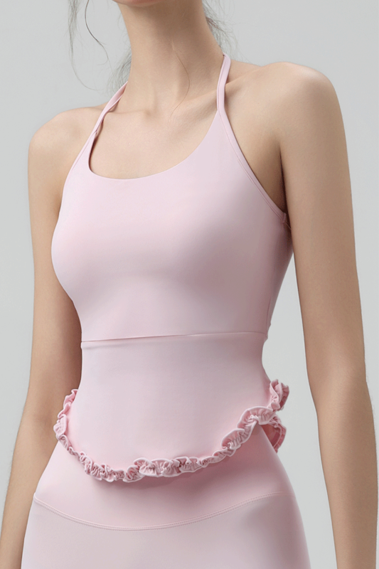Halter Neck Yoga Vest With Chest Pad, Mesh Splice And Lace Hem For Pilates Fitness