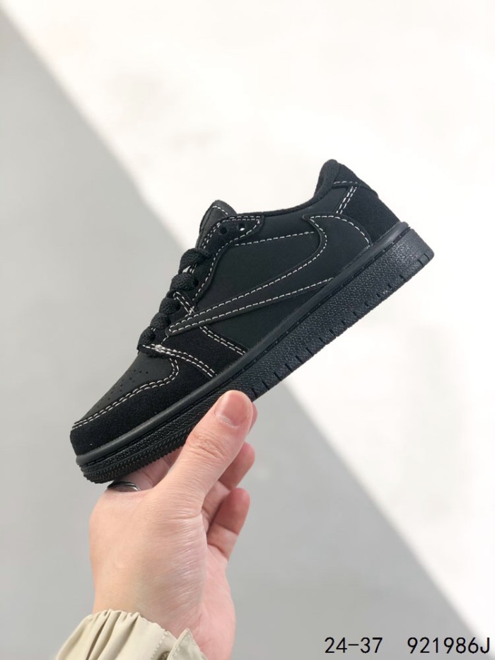 Travis Scott x AJ 1 Solid Black Embroidered Basketball Board Shoes Kids Shoes