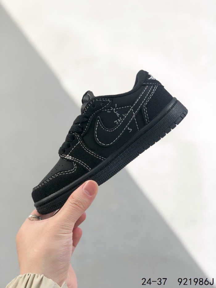 Travis Scott x AJ 1 Solid Black Embroidered Basketball Board Shoes Kids Shoes