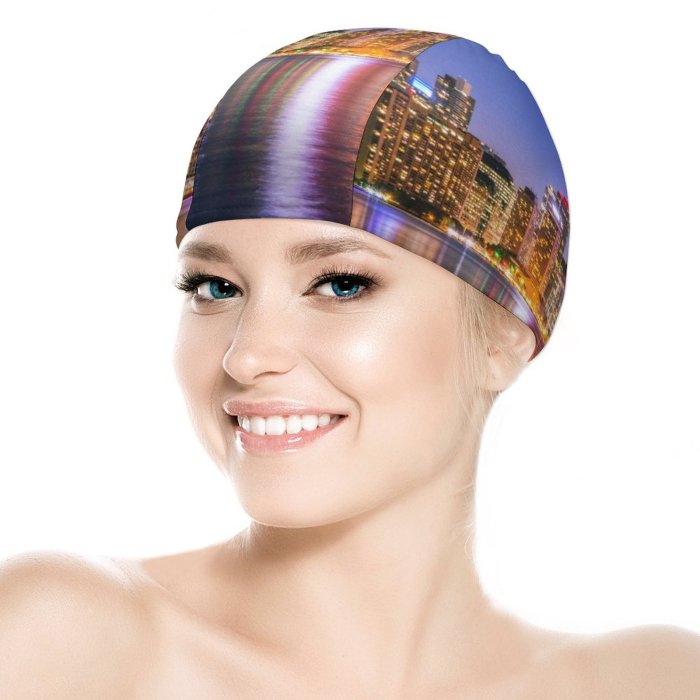 Swimming Cap Harrison Haines Toronto Skyscrapers  Cityscape Night Lights Waterfront Dusk Reflections Architecture Elastic,suitable for long and short hair