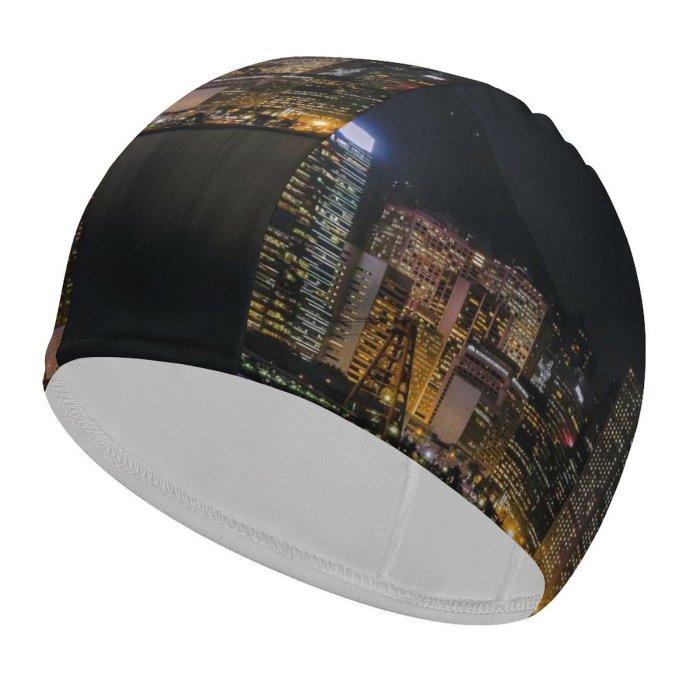 Swimming Cap Hong Kong City Cityscape Architecture Skyscrapers Nightlife Ferris Wheel Lights River Reflection Elastic,suitable for long and short hair