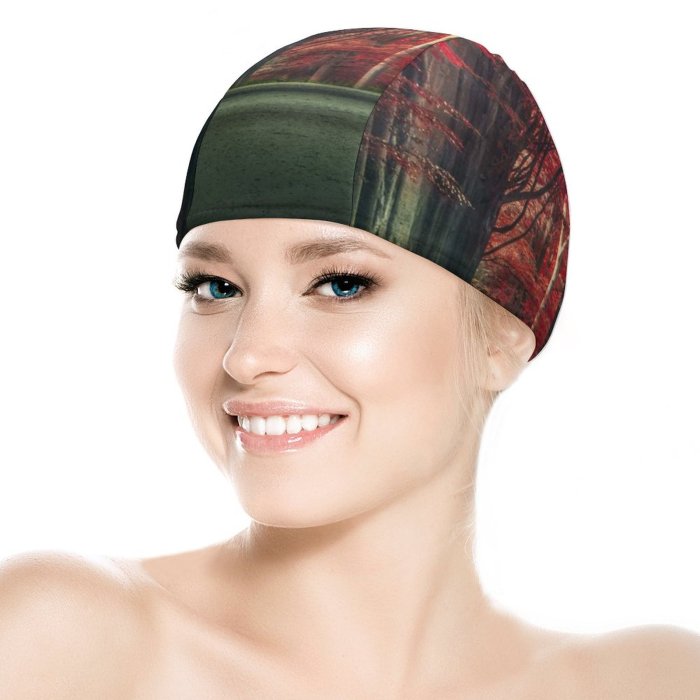 Swimming Cap Hmetosche Forest Road Trees Woods Sunset Autumn Forest Dawn Pathway Scenic Elastic,suitable for long and short hair