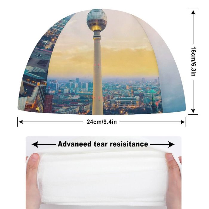 Swimming Cap Nicolas Kamp Berlin   Berliner Fernsehturm Landmark Sunset Cityscape City Lights Elastic,suitable for long and short hair