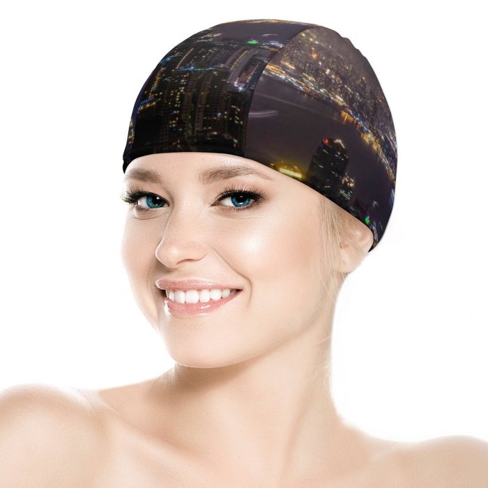 Swimming Cap Peter Y. Chuang Hong Kong City Skyscrapers Night Time Cityscape Aerial City Elastic,suitable for long and short hair