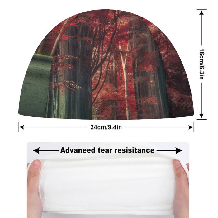 Swimming Cap Hmetosche Forest Road Trees Woods Sunset Autumn Forest Dawn Pathway Scenic Elastic,suitable for long and short hair