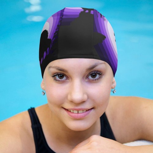 Swimming Cap Suryapraveen Black Dark Minimal Lion Roaring Silhouette  Night Purple Elastic,suitable for long and short hair