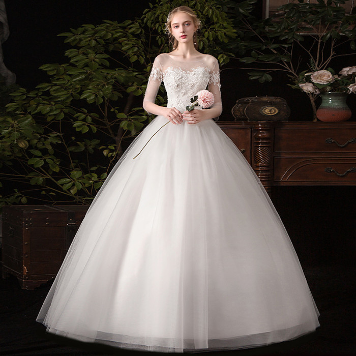 Korean light wedding dress summer new bride one-word shoulder long sleeves sen simple super fairy dream wedding dress