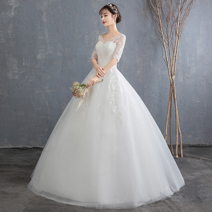 Tiktok main wedding dress new V-neck sexy bride wedding sleeves neat white simple lace thin women