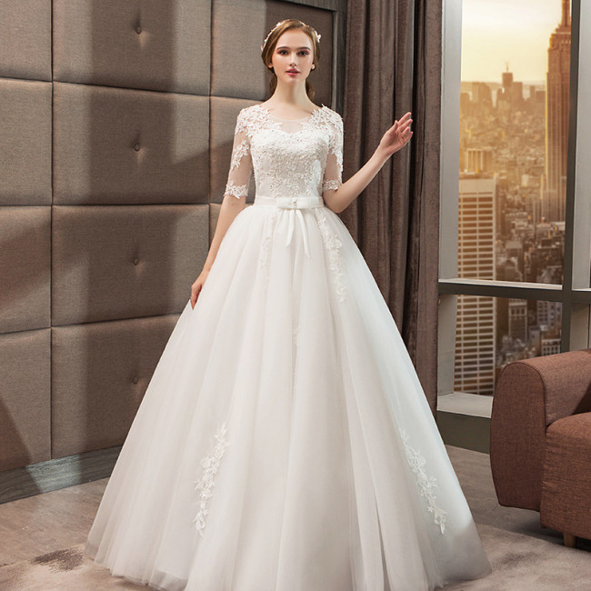 Main wedding dress new style neat bride Hepburn retro standing collar conservative princess thin simple long-sleeved women