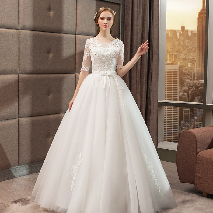 Main wedding dress new style neat bride Hepburn retro standing collar conservative princess thin simple long-sleeved women