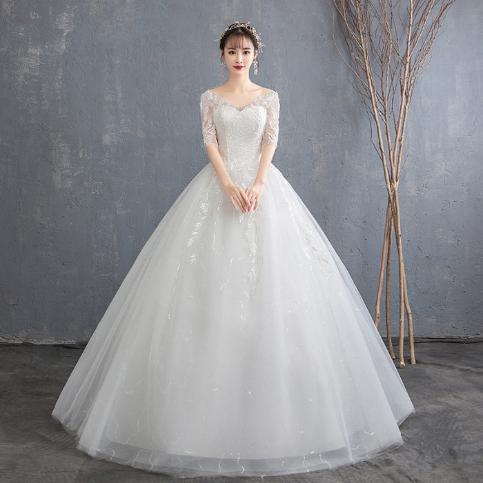 Tiktok main wedding dress new V-neck sexy bride wedding sleeves neat white simple lace thin women
