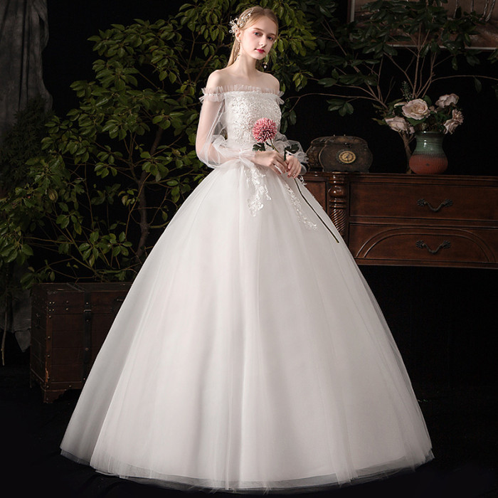 A word shoulder master wedding dress new dream bride sen is simple star Hepburn super fairy long tail Korean light