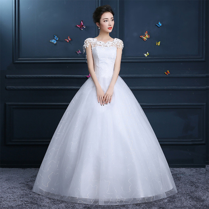 Wedding dress new bride simple to shoulder to shoulder to princess sweet Korean round collar female winter