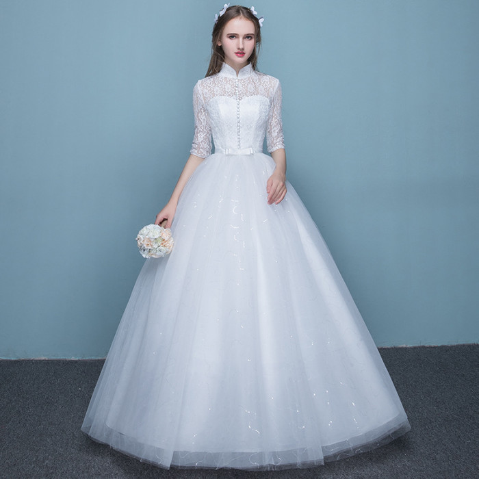 Wedding dress lace wedding dress new spring and summer stand collar show thin women retro simple neat wedding dress