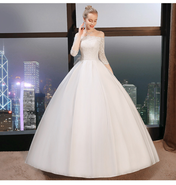 Wedding dress new bride a word shoulder satin simple European and American palace neat show thin white gauze women