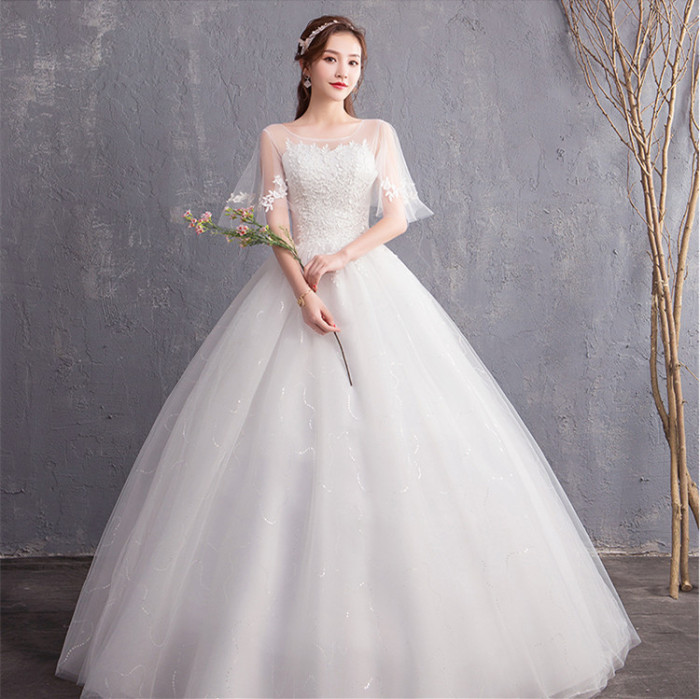 Arm-covering wedding dress new bride wedding shoulder wedding dress Korean show thin and neat sen fairy light wedding dress