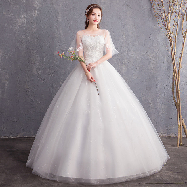 Arm-covering wedding dress new bride wedding shoulder wedding dress Korean show thin and neat sen fairy light wedding dress