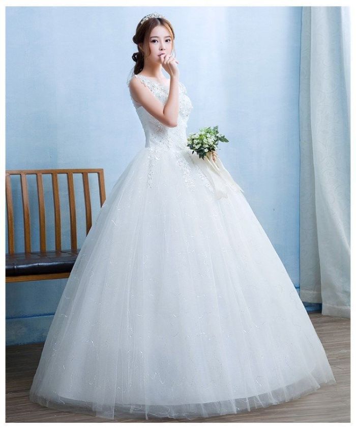 New slimming size wedding dress to pull tail simple lace dress bride wedding dress shoulders Korean summer