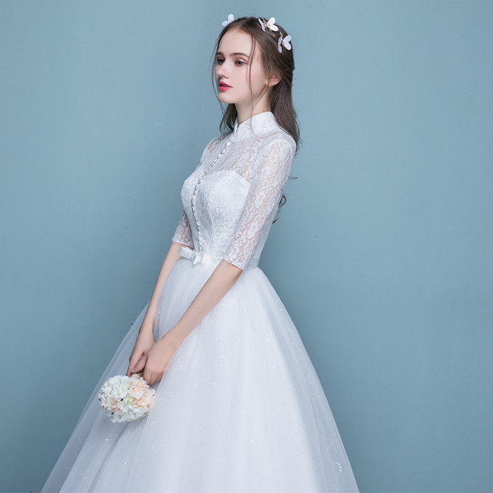 Wedding dress lace wedding dress new spring and summer stand collar show thin women retro simple neat wedding dress