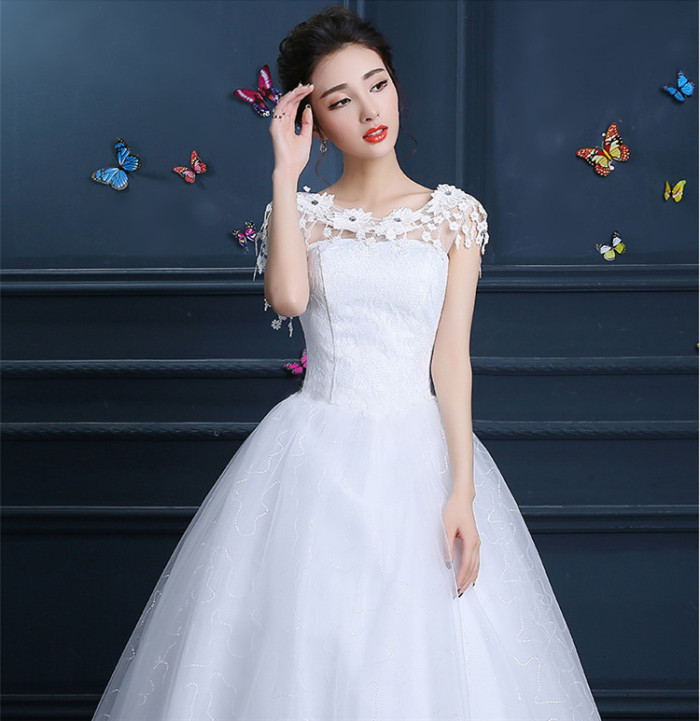 Wedding dress new bride simple to shoulder to shoulder to princess sweet Korean round collar female winter