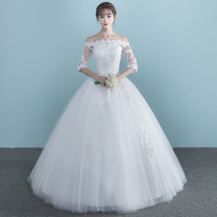 Wedding dress new bride wedding a word shoulder long sleeves simple large size pregnant princess qi ground summer female