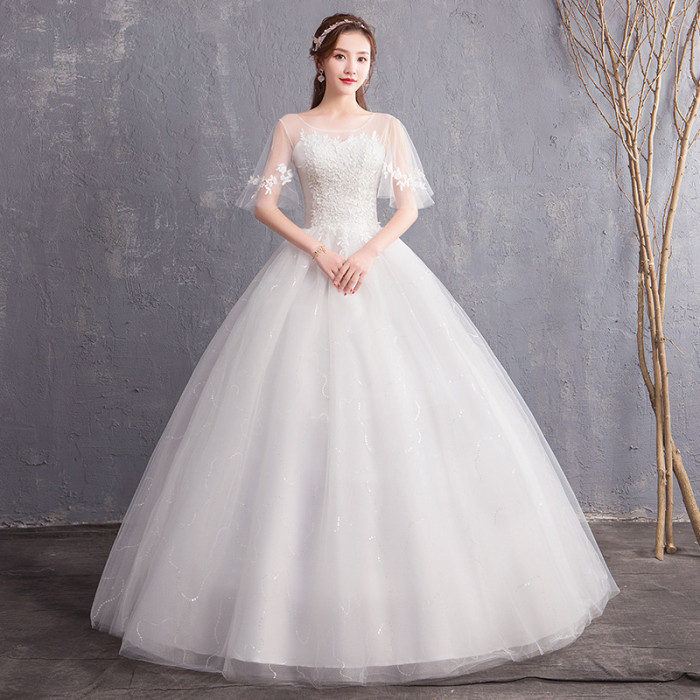 Arm-covering wedding dress new bride wedding shoulder wedding dress Korean show thin and neat sen fairy light wedding dress