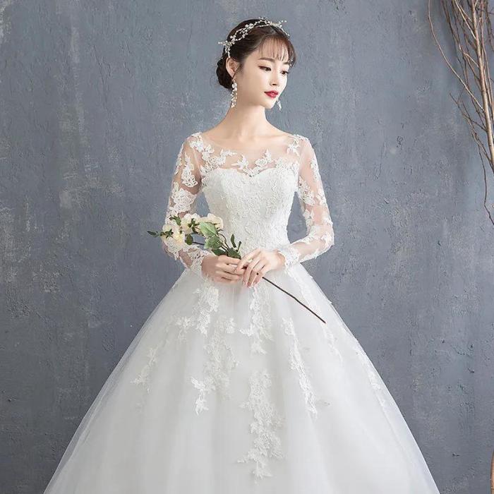 Main wedding female new bride long sleeves neat simple atmosphere light drag tail princess pregnant woman thin