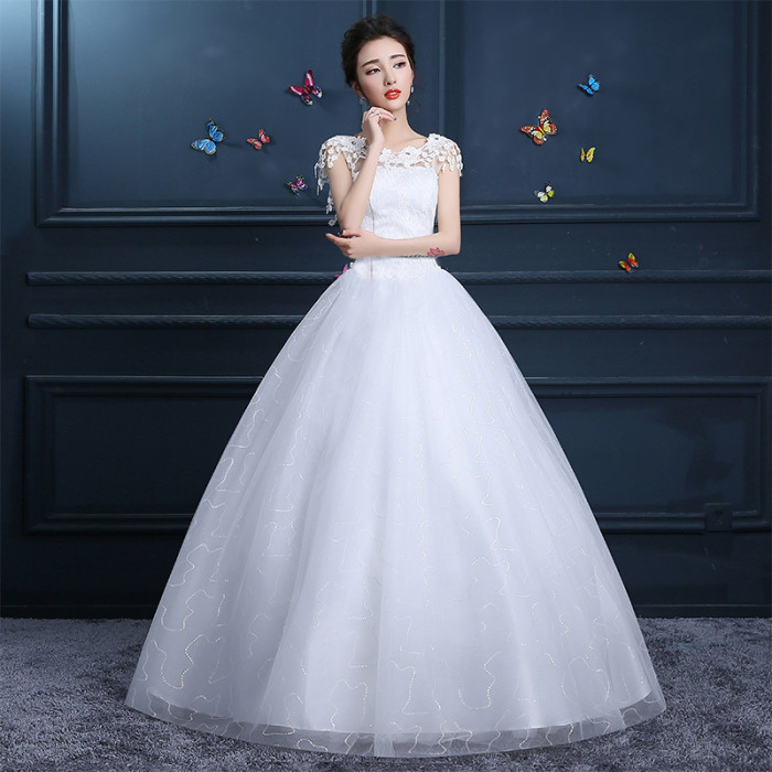 Wedding dress new bride simple to shoulder to shoulder to princess sweet Korean round collar female winter