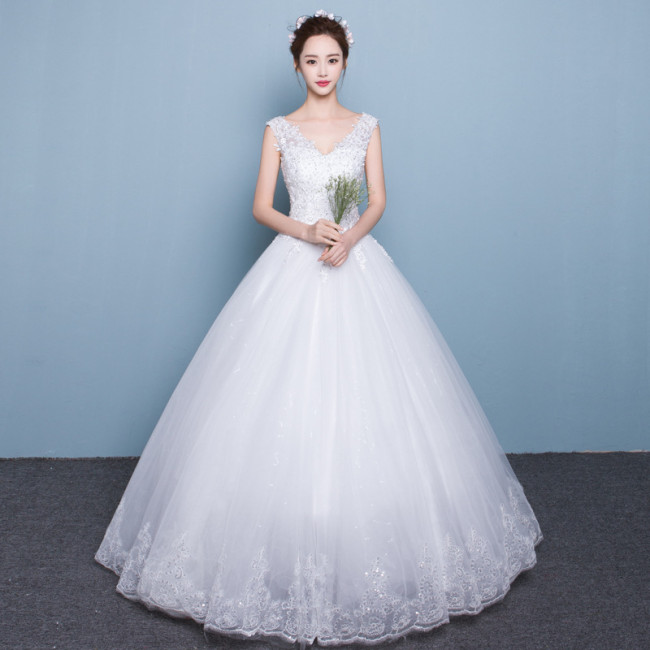 French light wedding dress shoulder V-neck show slim super fairy simple neat new bride wedding