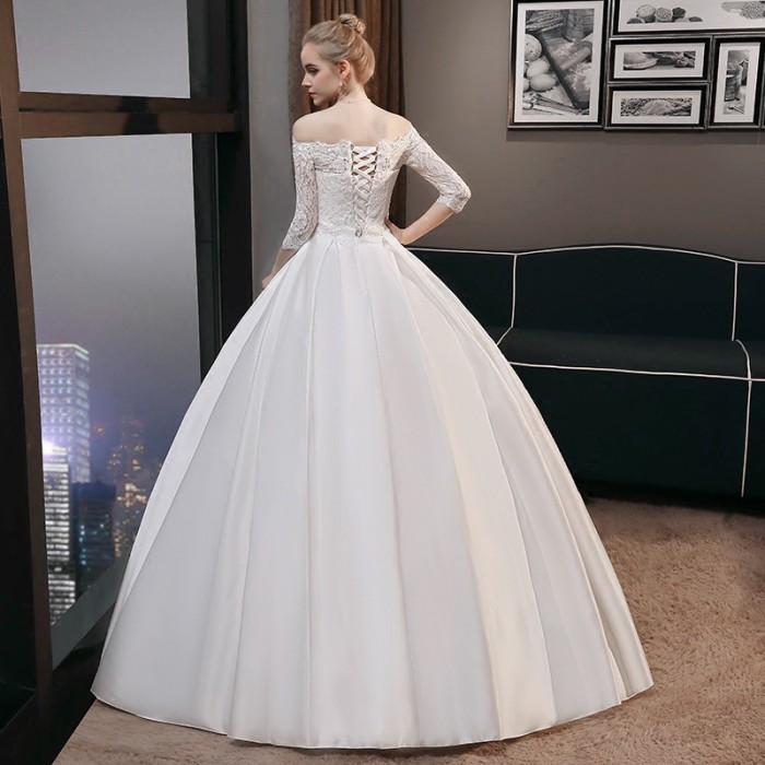 Wedding dress new bride a word shoulder satin simple European and American palace neat show thin white gauze women