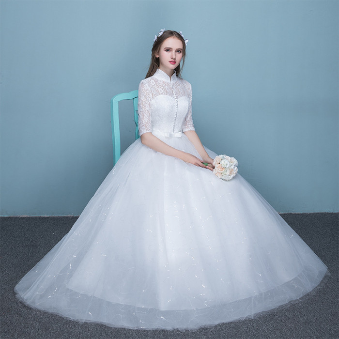 Wedding dress lace wedding dress new spring and summer stand collar show thin women retro simple neat wedding dress