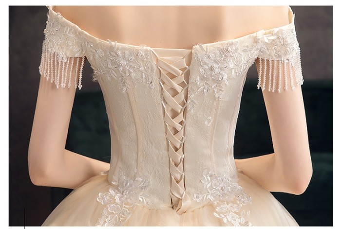 Word shoulder wedding dress new atmosphere Champagne color Qidisen French style gauze super fairy dream