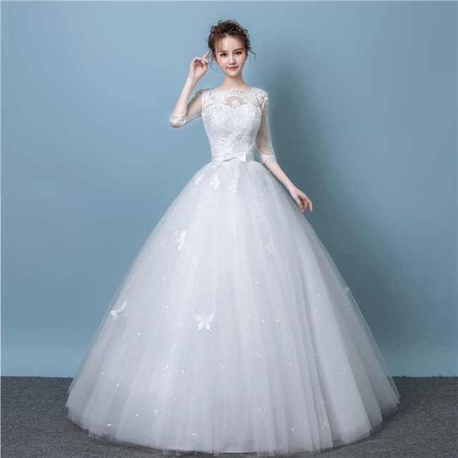 Main wedding dress new bride pregnant wedding dress small sleeve lace to show thin fantasy yarn
