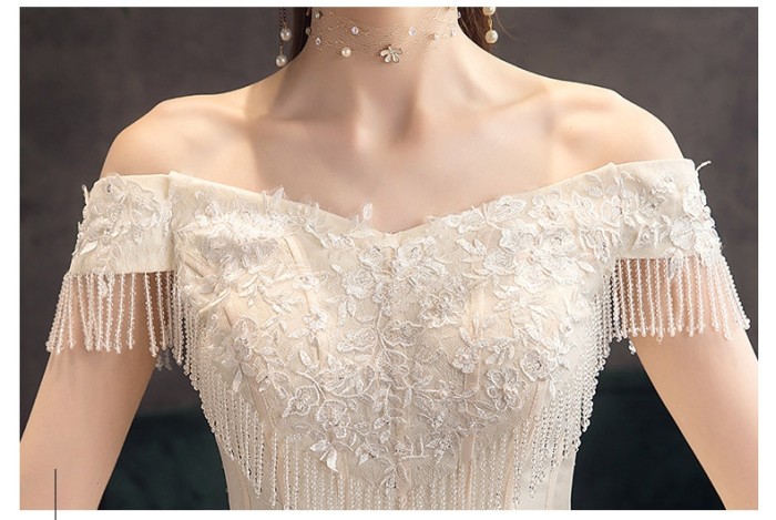 Word shoulder wedding dress new atmosphere Champagne color Qidisen French style gauze super fairy dream