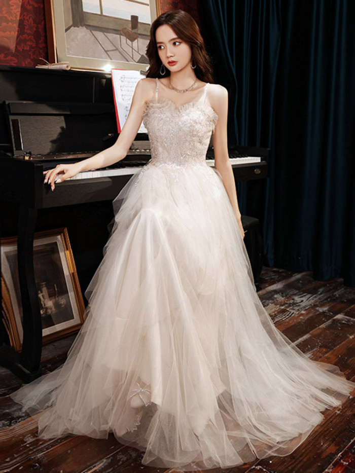 Party evening dress new spring white dress dress birthday host temperament sling bridesmaid dress