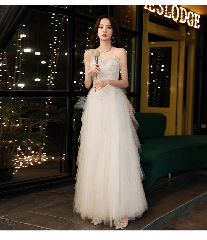 Party evening dress new spring white dress dress birthday host temperament sling bridesmaid dress