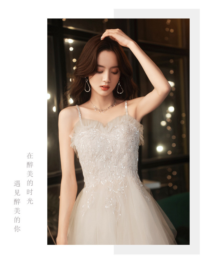 Party evening dress new spring white dress dress birthday host temperament sling bridesmaid dress