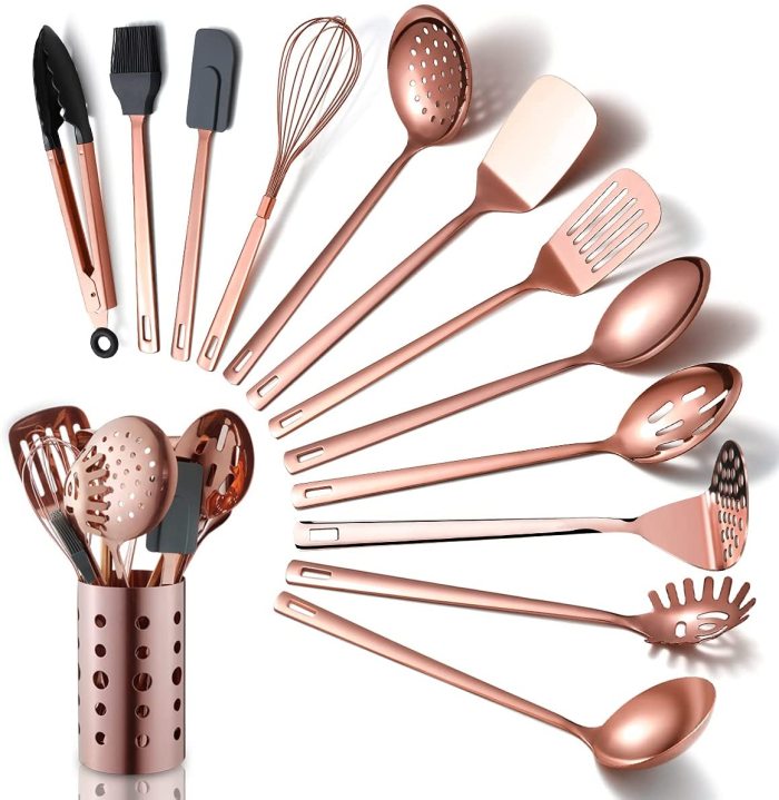 US$ 39.99 - Just Houseware Copper Kitchen Utensils Set, 13 Pieces Stainless Steel  Cooking Utensils Set With Titanium Rose Gold Plating, Non-Stick Kitchen  Tools Set With Holder 