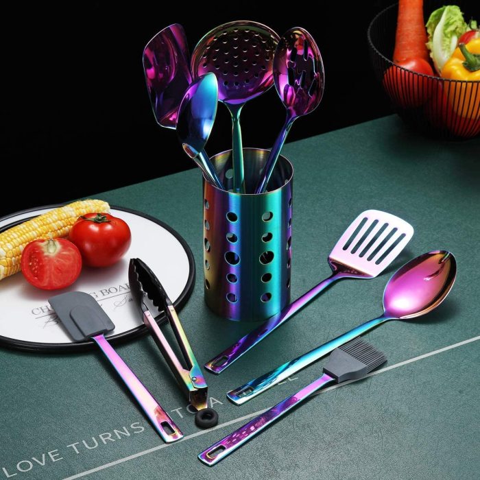 Just Houseware Rainbow Kitchen Utensils Set,13-Piece Stainless Steel Cooking Utensils Set, Kitchen Set With Utensil Holder Non-Stick