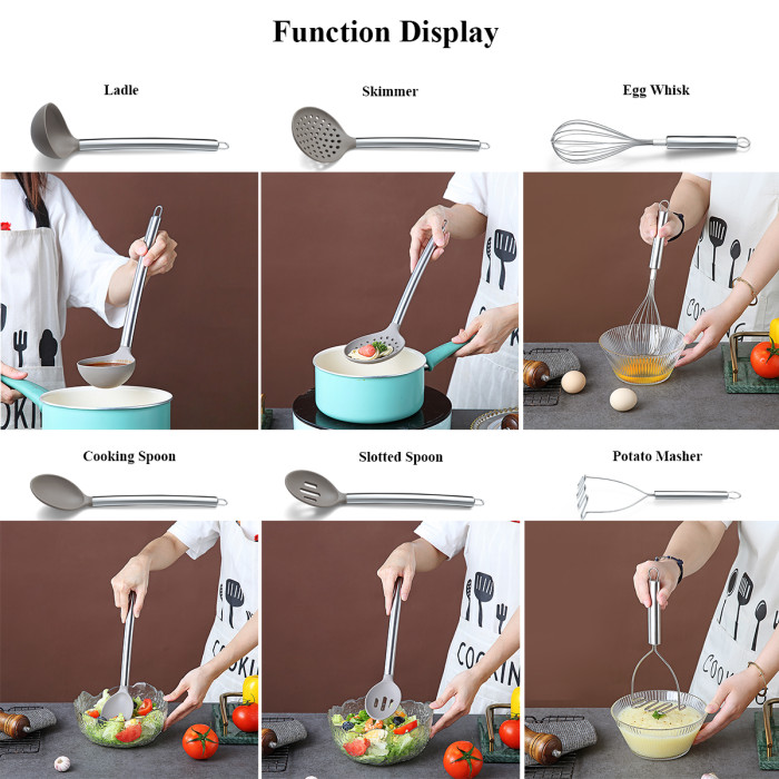 Just Houseware 38 Piece Silicone kitchen Cooking Utensils Set with Utensil Rack, Silicone Head and Stainless Steel Handle Cookware, Kitchen Tools for Utensil Sets, Non-Stick kitchen Gadgets