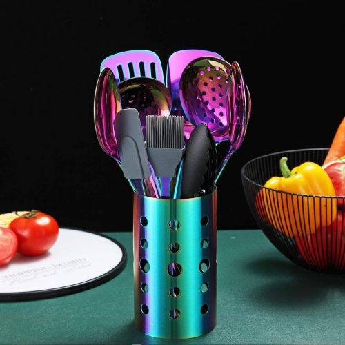 Just Houseware Rainbow Kitchen Utensils Set,13-Piece Stainless Steel Cooking Utensils Set, Kitchen Set With Utensil Holder Non-Stick