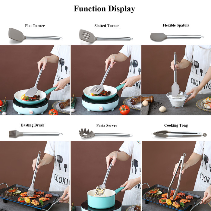 Just Houseware 38 Piece Silicone kitchen Cooking Utensils Set with Utensil Rack, Silicone Head and Stainless Steel Handle Cookware, Kitchen Tools for Utensil Sets, Non-Stick kitchen Gadgets