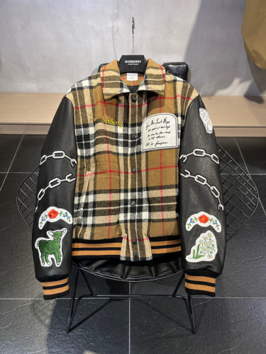 Burberry NIGO Woolen Plaid Patchwork Leather Sleeve Jacket Baseball Jacket #nigo94374
