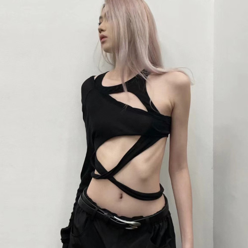 NIGO Rick Owens Women's Summer Solid Color Sexy Asymmetric Single Sleeve Hollow Out Short Top Ngvp #nigo6283